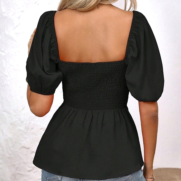 * NEW Flowy Ruched Peplum Puffed Short Sleeve Top Blouse Black - Picture 5 of 9
